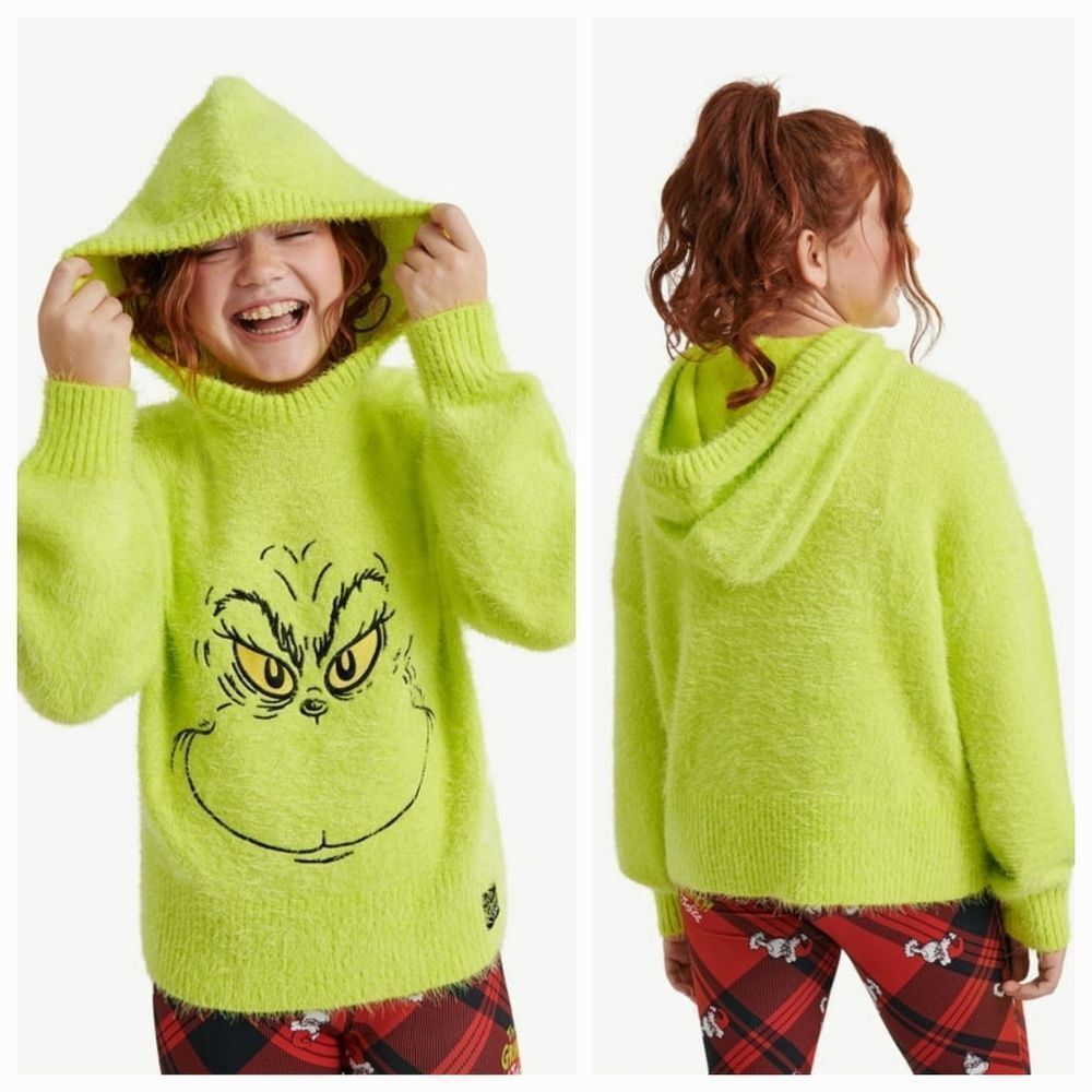 🔸️NWT Justice Lime Green Soft Grinch Hooded Sweater Youth Large